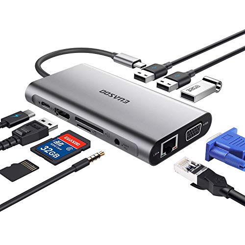 EUASOO USB C Hub, USB Typ C Hub Adapter 10 in 1 Aluminium Typ C Hub mit HDMI 4K, Gigablit Ethernet RJ45, 1080P VGA, 3.5mm Audio Ausgang, 3 USB 3.0, SD/TF Kartenleser mit Typ C PD Ladung, weltraum grau EUASOO USB C Hub, USB Typ C Hub Adapter 10 in 1 Aluminium Typ C Hub mit HDMI 4K, Gigablit Ethernet RJ45, 1080P VGA, 3.5mm Audio Ausgang, 3 USB 3.0, SD/TF Kartenleser mit Typ C PD Ladung, weltraum grau von EUASOO