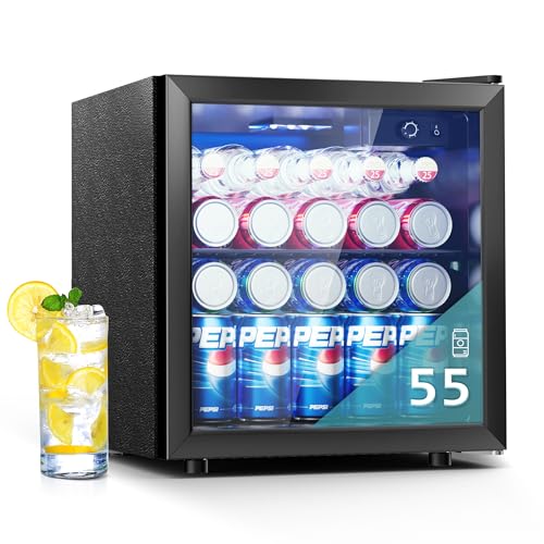 EUHOMY Getränkekühlschrank, Mini Kühlschrank mit Glastür, Bierkühler, Tisch-Getränkekühlschrank für 55 Dosen, Schwarz Freistehender Kühlschrank mit LED, 38dB, für Büro, Zimmer, Bar, 36L, Geräuscharm von EUHOMY