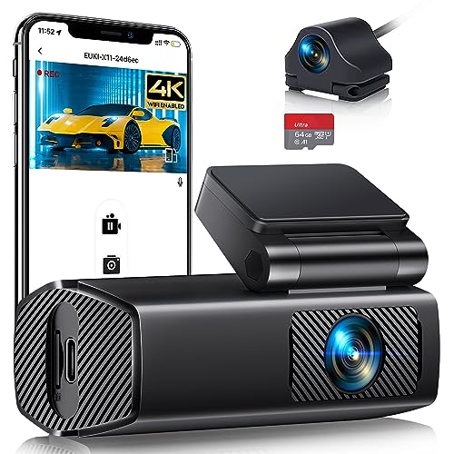 Dashcam Auto Vorne Hinten 4K/2,5K+1080P WiFi Auto Kamera, Loop-Aufnahme 170 ° Weitwinkel WDR, Super Nachtsicht, App Steuerung, G-Sensor, Parküberwachung, Innen mit 64GB SD-Karte von EUKI