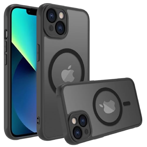 EUMADOVE Magnetische Schutzhülle für iPhone 13, 15,5 cm, kompatibel mit MagSafe, durchscheinende matte Rückseite, schlanke, stoßfeste Handyhülle (Schwarz magnetisch, iPhone 13) von EUMADOVE