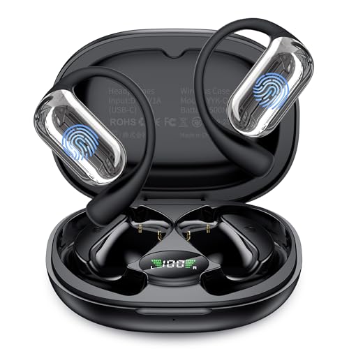 EUQQ Bluetooth-Kopfhörer, Sport Kopfhörer Bluetooth 5.4 Open Ear Kabellose Kopfhörer mit 4 HD Mics, 40 Stunden Wiedergabe für iOS und Android, LED Ladeetui, IP7 wasserdicht, Schwarz (2025) von EUQQ