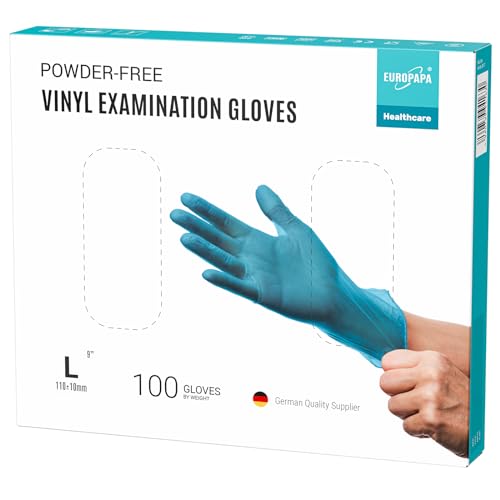 EUROPAPA® 100x Vinylhandschuhe Einweghandschuhe Untersuchungshandschuhe Einmalhandschuhe latexfrei puderfrei Vinyl Handschuhe in Gr. S, M, L & XL verfügbar (Blau, L) von EUROPAPA