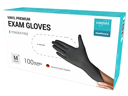EUROPAPA® 100x Vinylhandschuhe Einweghandschuhe Untersuchungshandschuhe Einmalhandschuhe latexfrei puderfrei Vinyl Handschuhe in Gr. S, M, L & XL verfügbar (Schwarz Premium, M) von EUROPAPA