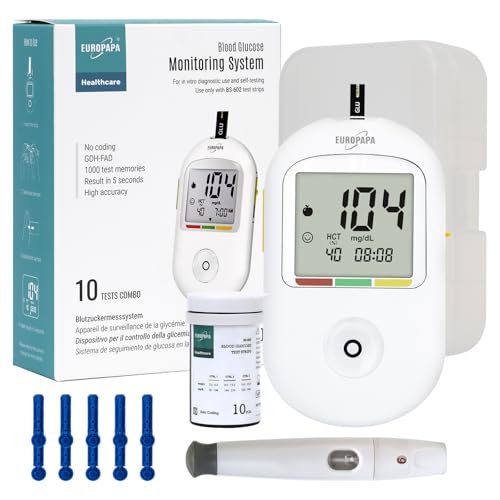 EUROPAPA® Blutzuckermessgerät mit 10 Stk Blutzuckerteststreifen und 10 Stk Blutlanzetten und Stechhilfe, Blutzuckermesssystem Diabetes-Set mg/dL für Blutzuckers Selbstkontrolle (Weiß) von EUROPAPA