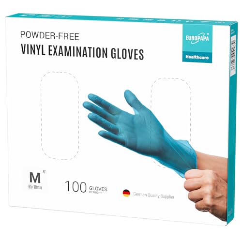 EUROPAPA 100x Vinylhandschuhe Einweghandschuhe Untersuchungshandschuhe Einmalhandschuhe latexfrei puderfrei Vinyl Handschuhe in Gr. S, M, L & XL verfügbar (Blau, M) von EUROPAPA