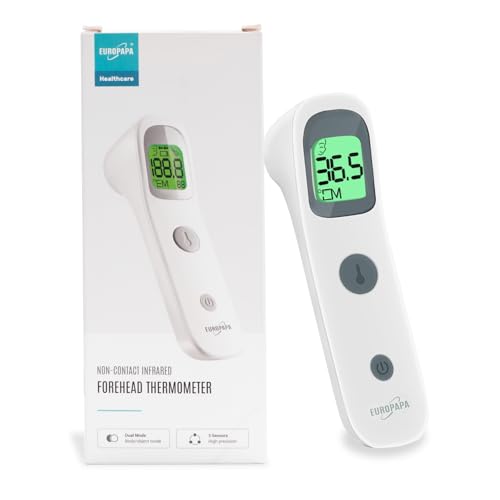 EUROPAPA Fieberthermometer für Baby Kinder Erwachsene, Infrarot Stirnthermometer mit Fieberalarm, °C/°F Schalter, 30-facher Messwertspeicher von EUROPAPA