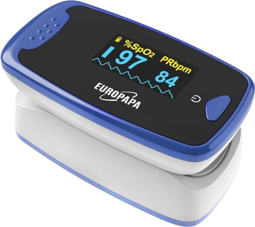 EUROPAPA Pulsoximeter,Fingerpulsoximeter,Oximeter ideal zur schnellen Messung der Sauerstoffsättigung (SpO2)-Einfacher Pulsmesser für Erwachsene–OLED Anzeige (Blau) von EUROPAPA