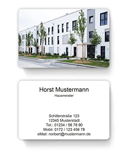 100 Hausmeister Visitenkarten, laminiert, inkl. Kartenspender - Viele Motive verfügbar. Vorlage gleich hier personalisieren. (Design 207334597) von EUROPRINT24