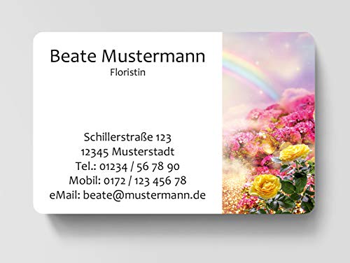 100 Visitenkarten, laminiert, 85 x 55 mm, inkl. Kartenspender - Blumen Regenbogen von EUROPRINT24