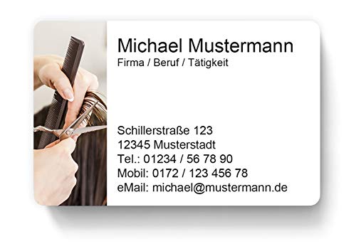 100 Visitenkarten, laminiert, 85 x 55 mm, inkl. Kartenspender - Friseur Frisör Haare von EUROPRINT24