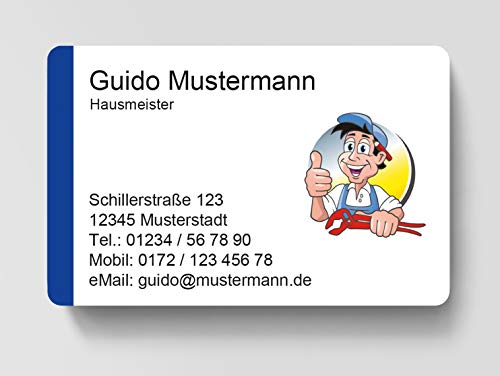 100 Visitenkarten, laminiert, 85 x 55 mm, inkl. Kartenspender - Hausmeister von EUROPRINT24