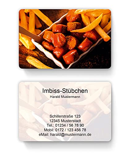 100 Visitenkarten, laminiert, 85 x 55 mm, inkl. Kartenspender - Imbiss Pommes Currywurst von EUROPRINT24