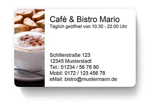 100 Visitenkarten, laminiert, 85 x 55 mm, inkl. Kartenspender - Kaffee Café Bistro von EUROPRINT24