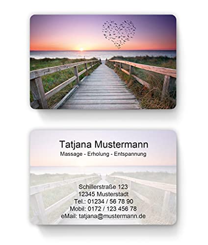 100 Visitenkarten, laminiert, 85 x 55 mm, inkl. Kartenspender - Steg Strand Meer von EUROPRINT24