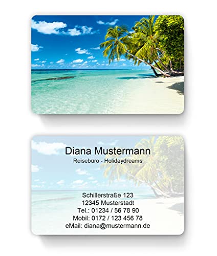 100 Visitenkarten, laminiert, 85 x 55 mm, inkl. Kartenspender - Urlaub Strand Meer von EUROPRINT24