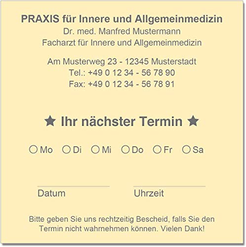 500 Terminzettel Terminkarten nächster Termin mit Ihrer Adresse personalisiert in praktischer Zettelbox mit Stiftehalter 10 x 10 cm (chamois) von EUROPRINT24