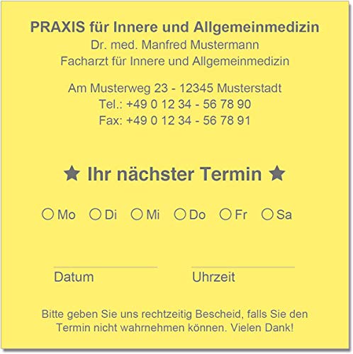 500 Terminzettel Terminkarten nächster Termin mit Ihrer Adresse personalisiert in praktischer Zettelbox mit Stiftehalter 10 x 10 cm (gelb) von EUROPRINT24