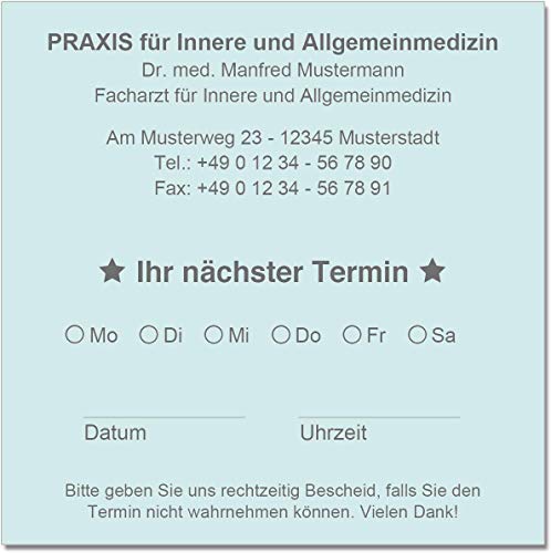 500 Terminzettel Terminkarten nächster Termin mit Ihrer Adresse personalisiert in praktischer Zettelbox mit Stiftehalter 10 x 10 cm (hellblau) von EUROPRINT24