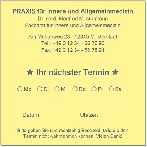 500 Terminzettel Terminkarten nächster Termin mit Ihrer Adresse personalisiert in praktischer Zettelbox mit Stiftehalter 10 x 10 cm (hellgelb) von EUROPRINT24