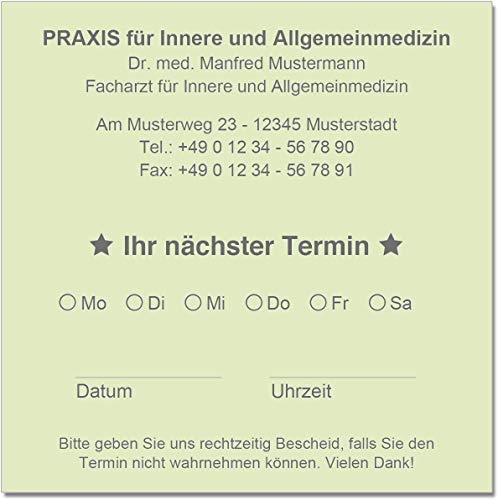 500 Terminzettel Terminkarten nächster Termin mit Ihrer Adresse personalisiert in praktischer Zettelbox mit Stiftehalter 10 x 10 cm (hellgrün) von EUROPRINT24