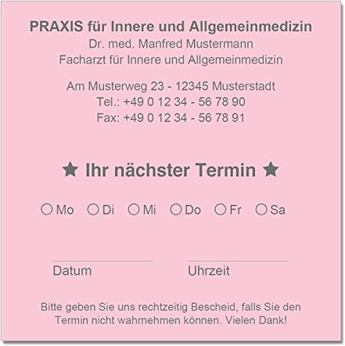 500 Terminzettel Terminkarten nächster Termin mit Ihrer Adresse personalisiert in praktischer Zettelbox mit Stiftehalter 10 x 10 cm (hellrosa) von EUROPRINT24