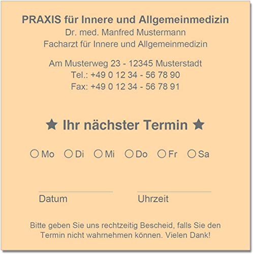 500 Terminzettel Terminkarten nächster Termin mit Ihrer Adresse personalisiert in praktischer Zettelbox mit Stiftehalter 10 x 10 cm (lachs) von EUROPRINT24