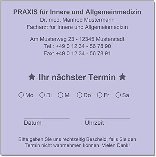 500 Terminzettel Terminkarten nächster Termin mit Ihrer Adresse personalisiert in praktischer Zettelbox mit Stiftehalter 10 x 10 cm (violett) von EUROPRINT24