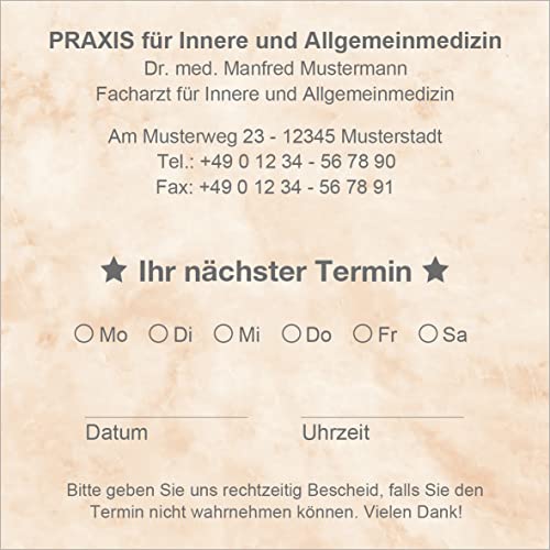 Terminzettel Terminkarten nächster Termin mit Ihrer Adresse personalisiert, inkl. praktischer Zettelbox mit Stiftehalter, 10 x 10 cm (marmor beige) (1000) von EUROPRINT24