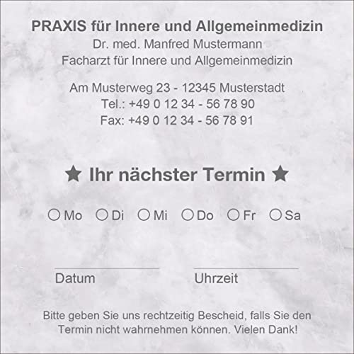 Terminzettel Terminkarten nächster Termin mit Ihrer Adresse personalisiert, inkl. praktischer Zettelbox mit Stiftehalter, 10 x 10 cm (marmor grau) (1000) von EUROPRINT24