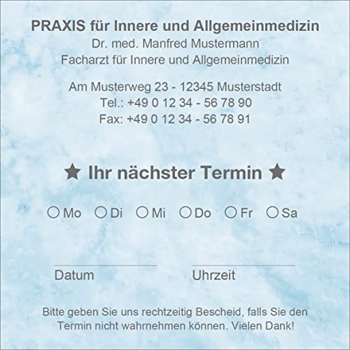 Terminzettel Terminkarten nächster Termin mit Ihrer Adresse personalisiert, inkl. praktischer Zettelbox mit Stiftehalter, 10 x 10 cm (marmor hellblau) (2500) von EUROPRINT24