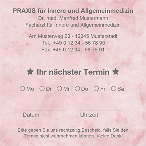 Terminzettel Terminkarten nächster Termin mit Ihrer Adresse personalisiert, inkl. praktischer Zettelbox mit Stiftehalter, 10 x 10 cm (marmor rot) (2500) von EUROPRINT24