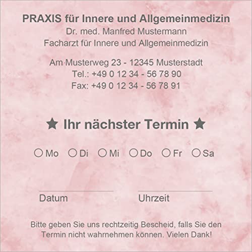 Terminzettel Terminkarten nächster Termin mit Ihrer Adresse personalisiert, inkl. praktischer Zettelbox mit Stiftehalter, 10 x 10 cm (marmor rot) (5000) von EUROPRINT24