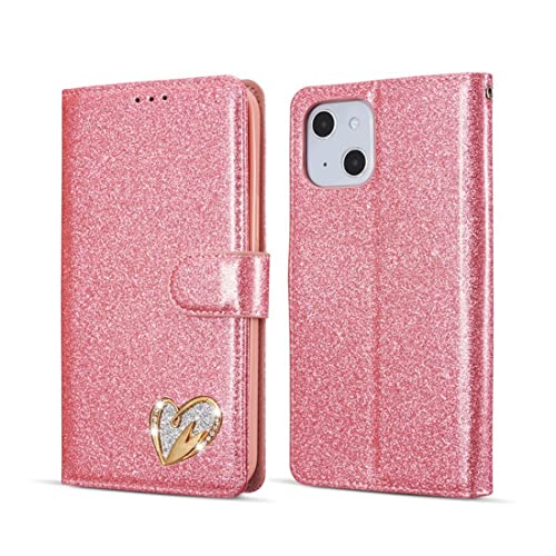 EUUOG Für iPhone 13 Hülle, Flip Cover, 3 Kartenfächer, Magnetverschluss, Glitter Love Cover Flip Card Handy Lederhülle (Pink) von EUUOG