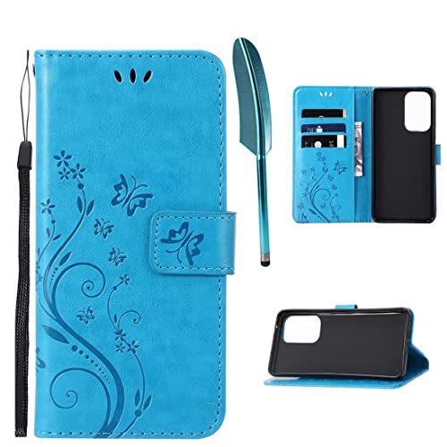 EUUOG Hülle für Samsung Galaxy A53 5G, Slim Flip Case mit Kartenfächern, Magnetverschluss, Falthülle aus geprägtem PU-Leder, Hülle mit Standfunktion und Umhängeband, mit Touchscreen-Stift (Blau) von EUUOG