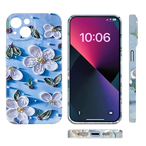 EUUOG Silikonhülle für iPhone 13 Hülle, hochwertiges Silikon, rundum schützende Handyhülle,Weißer geprägter Blumendruck (Hellblau) von EUUOG