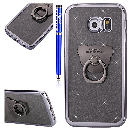 EUWLY Kompatibel mit Samsung Galaxy S6 Edge Transparent Silikon Schutzhülle Durchsichtige Hülle Luxus Glitzer Bling Diamant Kristall Strass Überzug TPU Bumper Case mit Bär Ring Ständer,Schwarz von EUWLY