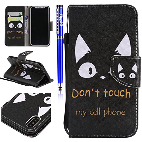 EUWLY Kompatibel mit iPhone XS/iPhone X Handytasche Ledertasche Lederhülle Bunt Muster Flip Case Brieftasche Bookstyle Hülle Klapphülle Handyhülle Schutzhülle Kartenfächer,Katze Ohr von EUWLY