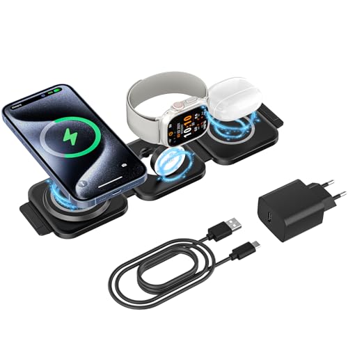 EVARY Mag-Safe ladegerät 3 in 1 Faltbar ladestation iWatch und iPhone Kompatibel mit iPhone 15 14 13 12 11 Pro Max Plus,Travel Charging Station Für Apple Watch & Air Pods mit Adapter von EVARY