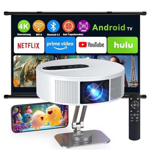 Mini Beamer, 4K Full HD 1080P Projector mit Bluetooth und WiFi Android OS 11.0, 150 Zoll, 360-Grad-Flip Smart Led Beamer Kompatibel mit Smartphone/TV Stick/TV Box/HDMI/USB/AV/PS5 (Weiße) von EVARY
