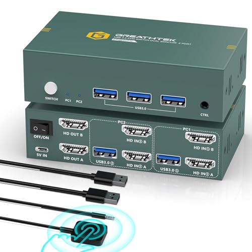 4K144Hz HDMI KVM Switch 2 PC 2 Monitore, 8K 60Hz USB 3.0 KVM Umschalter für 2 Computers teilen sich zwei Monitore und 3 USB Geräte mit 2 USB Kabel für Tastatur, Maus, Drucker (2 IN 2 OUT, USB3.0) von EVATEK