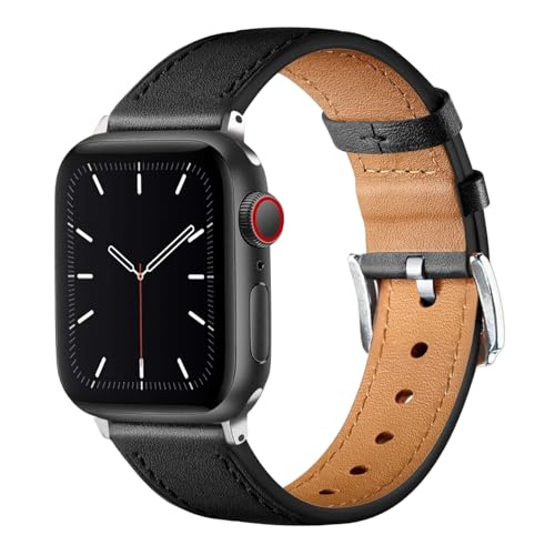 Lederarmband kompatibel für Apple Watch 38mm 40mm 41mm 42mm 44mm 45mm 46mm 49mm - Echtleder Armband für iWatch Ultra SE Series 10 9 8 7 6 5 4 3 2 1 (Schwarz, 44mm/45mm/46mm/49mm/42mm-Series 3 2 1) von EVEMATE