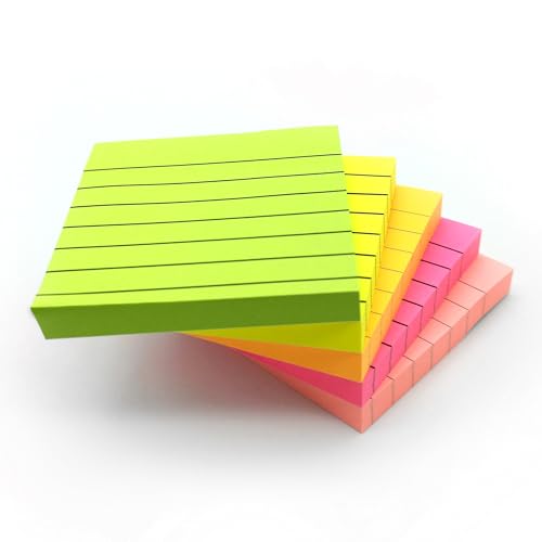 48 Blöcke Neon (quadratisch), liniert, 76 x 76 mm, Neonfarben, Gelb, Rosa, Grün, Orange liniert/liniert, selbstklebende Notizblöcke für Büro, Schule und Meeting von EVG