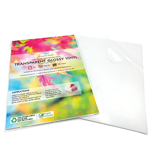 Evergreen Goods 15 Blätter A4 klar glänzend selbstklebendes Inkjet-Druckerpapier | bedruckbare Vinyl-Aufkleberblätter | hochauflösendes transparentes Druckpapier für Etiketten und Aufkleberdruck von EVG