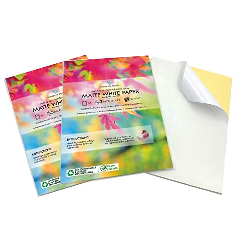 Evergreen Goods Aufkleberpapier, A4, Weiß, matt, für Tintenstrahl- und Laserdrucker, selbstklebende Rückseite, zum Erstellen von Produktetiketten, für Kunst und Handwerk, 500 Blatt Evergreen Goods Aufkleberpapier, A4, Weiß, matt, für Tintenstrahl- und Laserdrucker, selbstklebende Rückseite, zum Erstellen von Produktetiketten, für Kunst und Handwerk, 500 Blatt von EVG