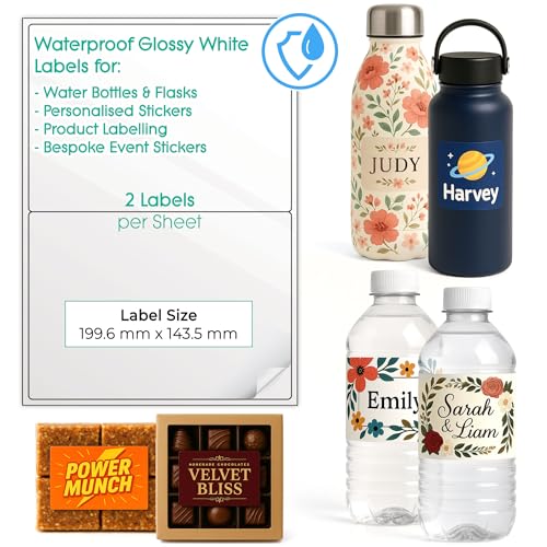 Wasserdichte, bedruckbare Etiketten für Wasserflaschen – individuelle Design-Aufkleber für kleine Unternehmen – mehrere Größen selbstklebende A4-Blätter – Inkjet & Laser bedruckbar (Hochglanzweiß, 1 x von EVG