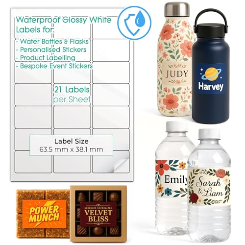 Wasserdichte, bedruckbare Etiketten für Wasserflaschen – individuelle Design-Aufkleber für kleine Unternehmen – mehrere Größen selbstklebende A4-Blätter – Inkjet & Laser bedruckbar (glänzendes Weiß, 3 von EVG