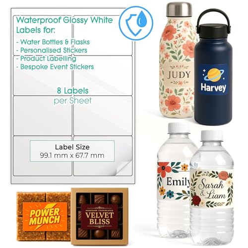 Wasserdichte, bedruckbare Etiketten für Wasserflaschen – individuelle Design-Aufkleber für kleine Unternehmen – mehrere Größen selbstklebende A4-Blätter – Inkjet & Laser bedruckbar (glänzendes Weiß, 2 von EVG