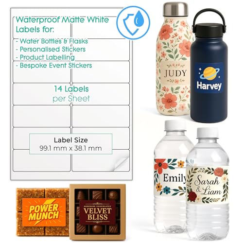Wasserdichte, bedruckbare Etiketten für Wasserflaschen – individuelle Design-Aufkleber für kleine Unternehmen – mehrere Größen selbstklebende A4-Blätter – Inkjet & Laser bedruckbar (mattes Weiß, 2 x 7 von EVG