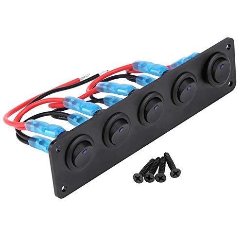 12-24V 5-Gang ABS + Aluminium-Panel Round Dash Kipphebel-Kippschalterfeld Blaue LED Passend für 12V-24V-Autos, Wohnmobile, Wohnwagen, Anhänger, Busse, Boote, Yachten, Schiffe von EVGATSAUTO