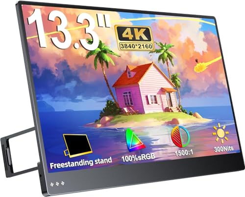 EVICIV Portable Monitor 4K 13,3 Zoll Tragbarer Monitor Mobile Display mit 3840 x 2160 1500:1 Kontrastverhältnis 300 Nits Helligkeit Eye Care Bildschirm für Laptop PC Mac PS5 Handy Switch von EVICIV